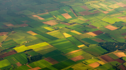 Aerial view of vast farmland with green crops divided into neat plots, symbolizing land leasing contracts and sustainable agriculture. Agricultural business concept.