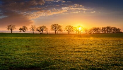 verdant grassy meadow glowing under golden sunset light silhouetted barren trees lining distant horizon