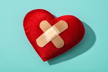 Red velvet heart with bandages healing concept for valentines day