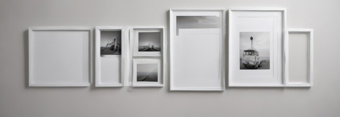 A modern white frame collage mockup with diverse image styles, showing various frame sizes and orientations ,  home,  light