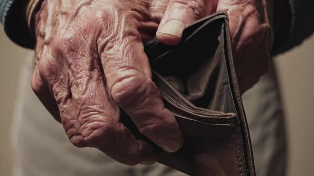 Elderly hands explore an empty wallet, depicting financial struggles and emotional impact of poverty in old age