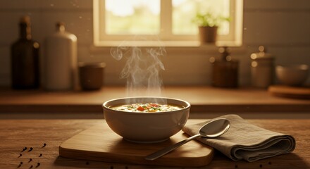 Bowl of Soup with Spoon and Napkin
