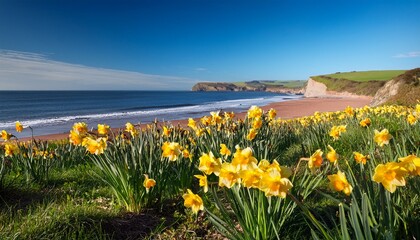 daffodils at beer beach in devon in spring sunshine