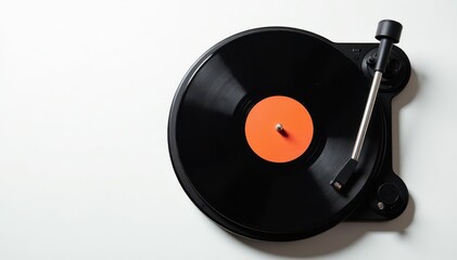 Fototapeta premium Turntable vinyl record player on white, top-down view, player, record, entertainment