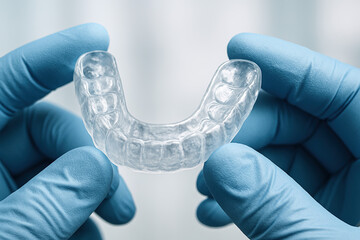 Sterile blue-gloved hands gently holding a custom dental night guard