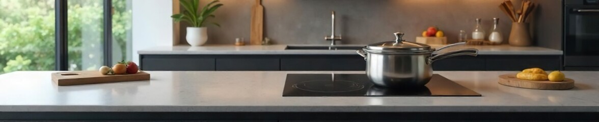 A sleek modern kitchen countertop with a built-in induction stovetop, ready for cooking Stainless steel, minimalist design, clean lines, contemporary kitchen , home, built-in, kitchen appliance