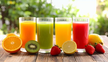Fototapeta premium Fresh Assorted Fruit Juices in Glasses with Orange, Kiwi, Lemon, and Strawberry on Wooden Table Outdoors 