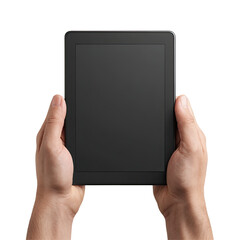 Two hands holding a black tablet computer, screen blank