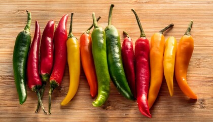 colorful mix of chili peppers on wodden board close up