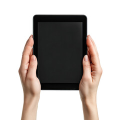 Two hands gently hold a black tablet computer with a blank screen