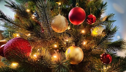 glowing christmas tree decorated with red and gold ornament balls for the holiday season