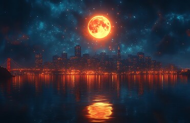 Spectacular nighttime view of san francisco cityscape with a glowing full moon over the water