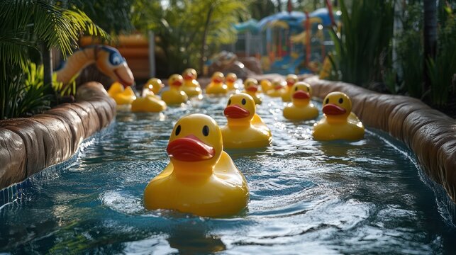 Whimsical rubber duck flotilla enjoying a playful glide on an artificial river