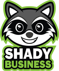 Cartoon raccoon head with shady business text in green and black on a white isolated background