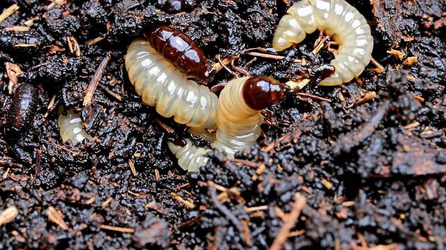 Close up of beetle larvae moving in dark soil, showcasing their natural behavior and interaction
