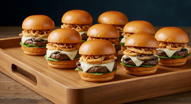 Slider burger with onion ring cheese lettuce mushroom on wood tray