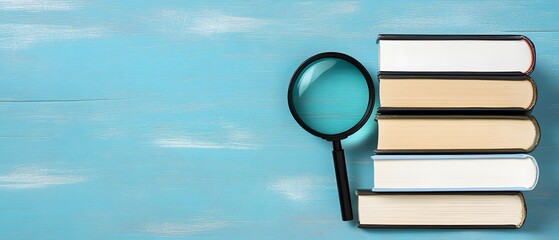 Stack of Books with Magnifying Glass on Blue Wooden Table