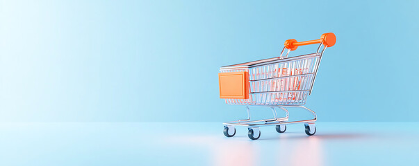Shopping cart with orange handle on blue background, symbolizing online shopping