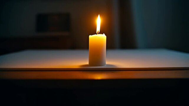 Lit wax candle with bright burning flame on table in dark room, creating gentle illumination and ambiance for relaxation or ceremony