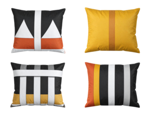 Four decorative cushions showcasing geometric patterns in black, white, orange, and yellow
