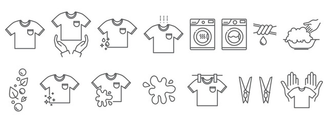 Set of dryer, washing machine, dirty shirt, etc. icons. Lingerie line icons. Self-service laundry, hand washing, laundry service, linear set isolated on transparent background.
