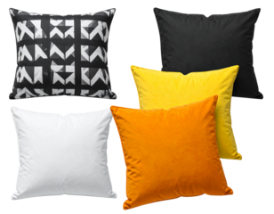 Set of five decorative throw pillows in various colors and patterns, including monochrome geometric, solid black, yellow, and orange velvet