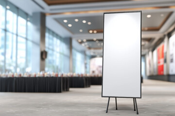 Vertical blank display easel in contemporary convention hall with blurred event background, ideal for trade show graphics, corporate branding, or exhibition signage design
