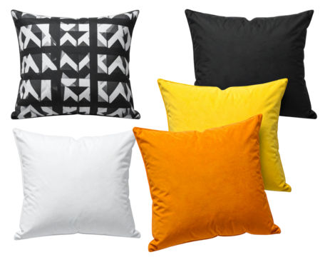 Set of five decorative throw pillows in various colors and patterns, including monochrome geometric, solid black, yellow, and orange velvet