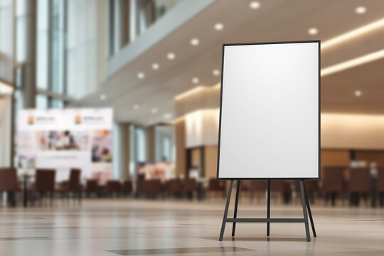 Blank vertical easel poster in modern indoor event space with blurred exhibition backdrop, ideal for conference signage, business presentation, or commercial promotional mockup