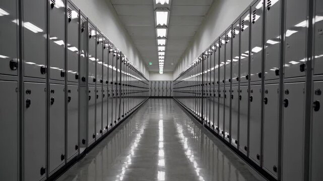 Fluorescent lights illuminating polished floor surface, revealing long corridor between orderly rows of metallic server cabinets in modern data center environment