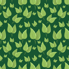 Green leaf seamless square cropped pattern illustration suitable for backgrounds and textile designs. Variety of leaf shapes and sizes. Changeable green background. Elegant texture.