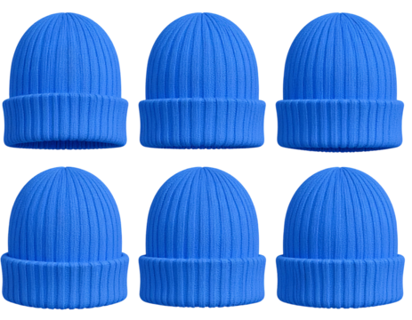 Six identical blue ribbed winter beanies arranged in a grid pattern