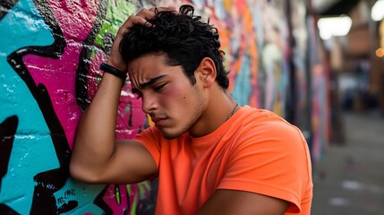 Thoughtful Young Man Leaning Against a Vibrant Graffiti Wall