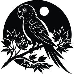 Elegant Parrot Silhouette on Branch Under Moonlight Vector Illustration