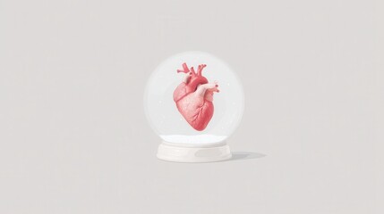 A detailed illustration of a human heart inside a transparent globe, symbolizing the beauty of life and anatomy