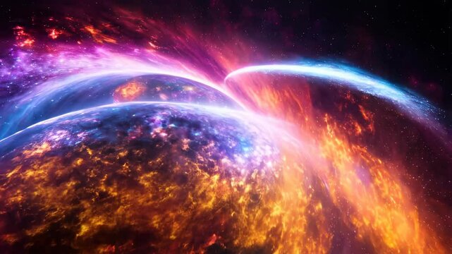 Cosmic collision of colorful planets and nebulas with swirling gases forming a galaxy in deep space, space exploration concept