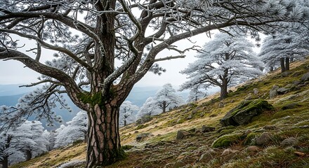 Forested landscape with trees covered in frost on a mountain slope in winter