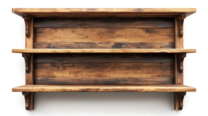 Vintage wooden display shelves isolated on white background