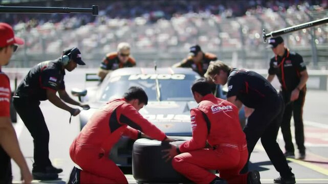 Race Car Pit Stop Tire Change Action at Speedway During Competition