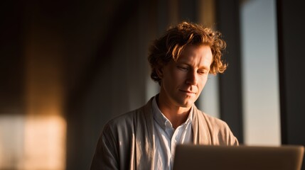 Working professional focused on laptop in modern office space