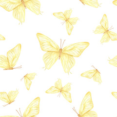 Abstract yellow butterflies in flight watercolor seamless pattern isolated background. Delicate and airy ornate for feminine fashion textiles, nursery wallpapers, spring themed stationery