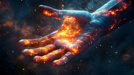 Celestial Fire Embraces Giant Hand Against Starry Cosmos