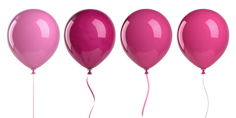 Glossy pink and magenta latex balloons grouped in a row – shiny helium-filled balloons on transparent background for romantic designs
