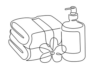 Spa line drawing. Hand-drawn towels, bottle & flower line art. Hand drawn vector illustration with editable stroke. Isolated on transparent background.
