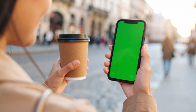 Close-up of young casual woman drinking coffee holding vertical smartphone with green screen, sunny street, lifestyle and technology connection


