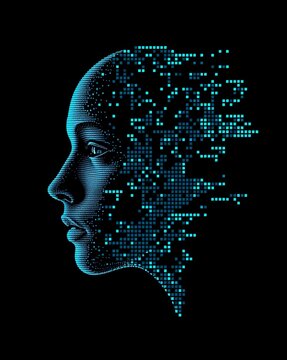 A futuristic side profile of a human face formed from digital fragments and glowing blue pixels, symbolizing artificial intelligence, data, and technological evolution