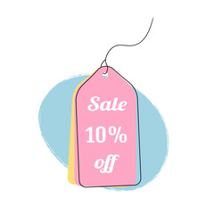 Cute sale label on ribbon for price off. 10% off price tag. Super discounts tag for shop, markets promotion. Simple childish price tag isolated on white background. Modern flat style design sale beige