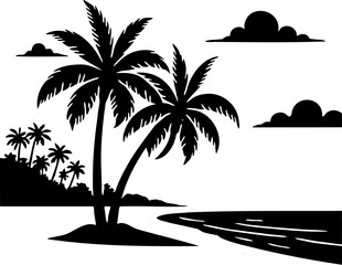 vector illustration of coconut tree silhouette on the beach, isolated on white