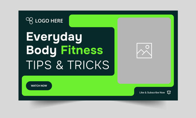 Trendy fitness video thumbnail banner design, fitness tips and tricks banner design, customizable vector eps 10 file format