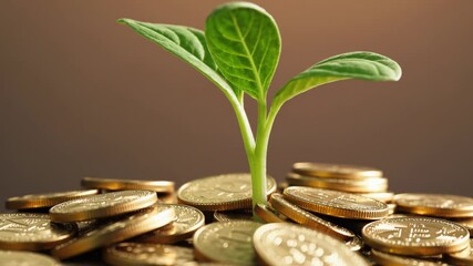 Green plant with two leaves emerges from a pile of golden coins, representing financial growth and investment potential - Powered by Adobe